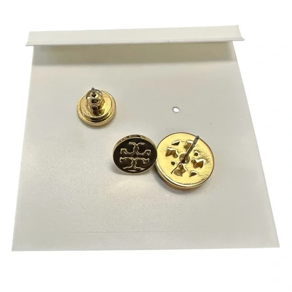 Tory Burch Miller Tortoise Gold Tone Double-T Logo Stud Earrings Women’s New - Picture 6 of 7